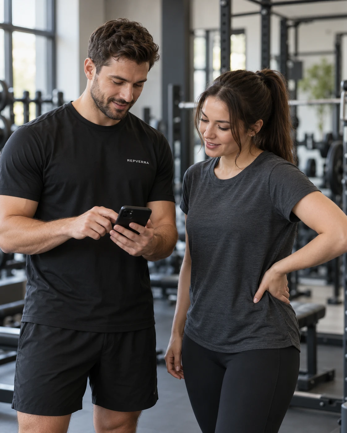 Illustrative scene of a trainer and recreational athlete reviewing a workout